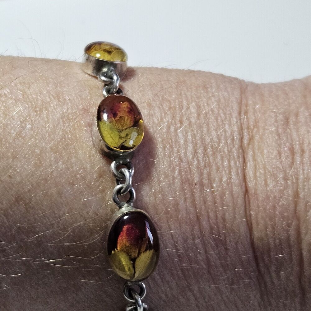 925 Sterling Silver Real Rose Flowers In Resin Bracelet 7.5"